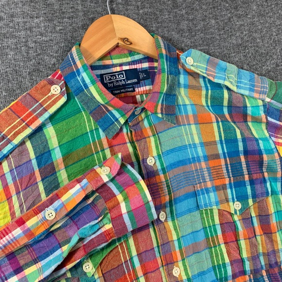 Polo Ralph Lauren Other - VTG Polo Ralph Lauren Colorblock Shirt Men Large Trim Military Plaid 90s Epaulet